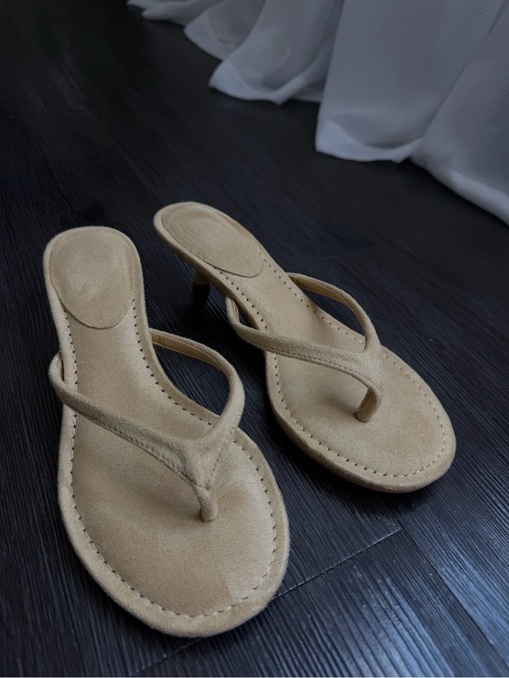 Beige Suede Thong Heels - Women
